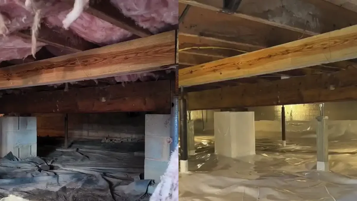Crawl space before and after encapsulation: wet hanging insulation and bare ground on the left, sealed white liner on the right