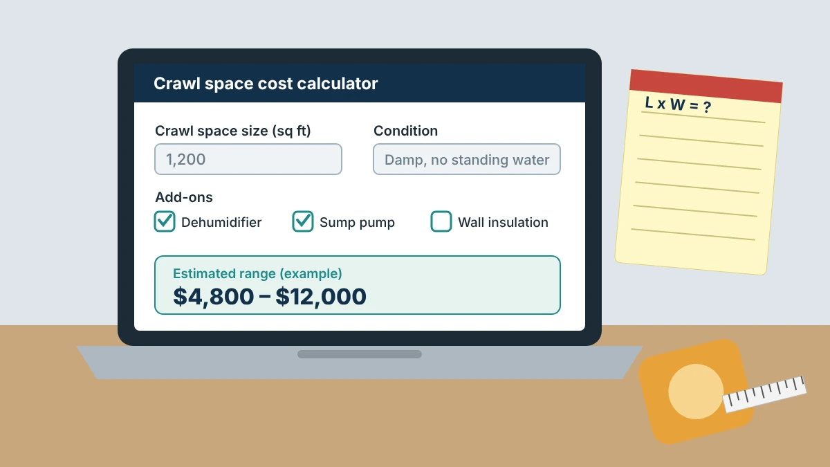 Illustration of a crawl space encapsulation cost calculator on a laptop beside a tape measure and notepad