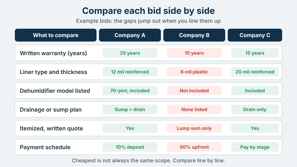 Illustration comparing three crawl space encapsulation bids on warranty, liner, dehumidifier, drainage, itemized quote and payment terms