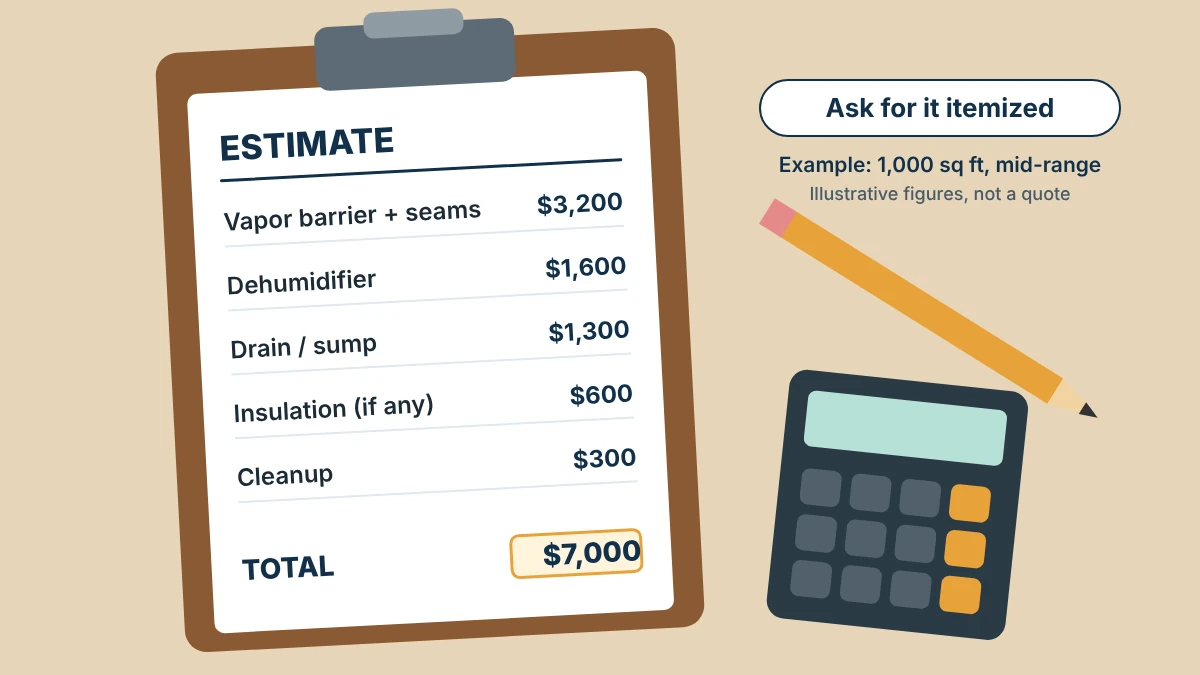 Itemized crawl space encapsulation estimate on a clipboard with a calculator, example figures