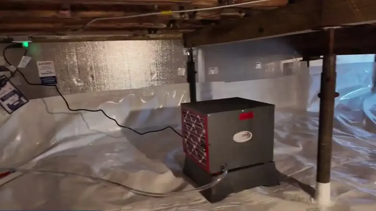 Crawl space dehumidifier on a base in a sealed crawl space with a sump pump and white liner