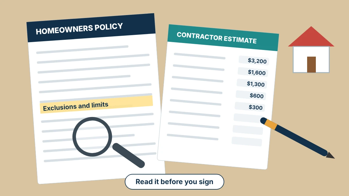Illustration of a homeowners insurance policy beside a contractor estimate with a magnifying glass