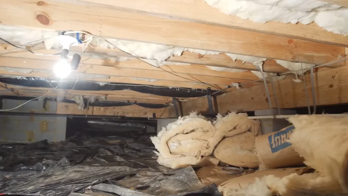 Torn black plastic and fallen insulation in a crawl space, signs of a poor liner job
