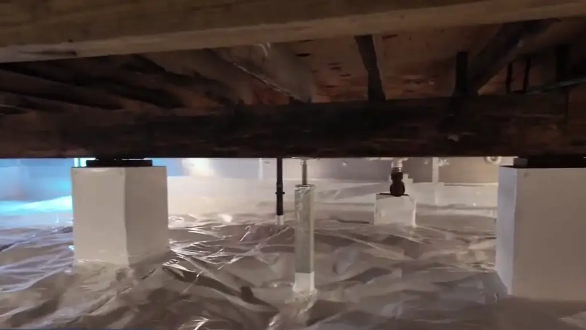 Sealed crawl space with white liner and sealed piers, an example of crawl space encapsulation in Nashville, Tennessee