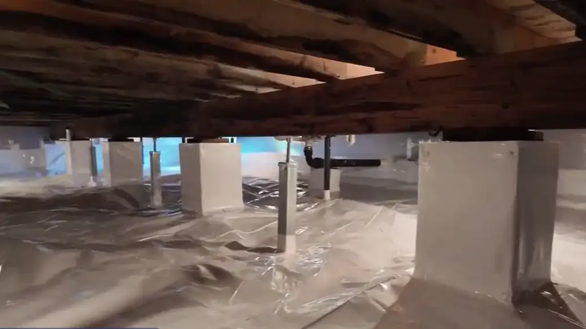 Sealed crawl space with white liner wrapped over piers, an example of crawl space encapsulation in Richmond, VA