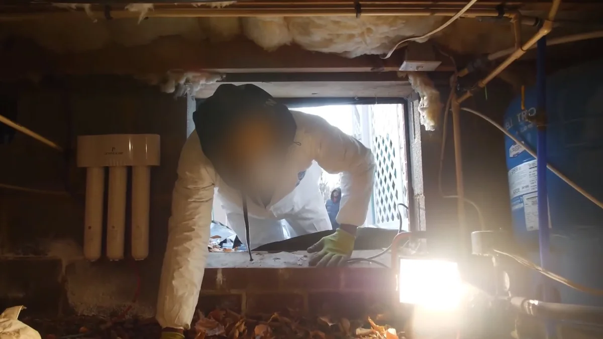 Worker climbing through a crawl space access opening, where a musty crawl space smell is often first noticed