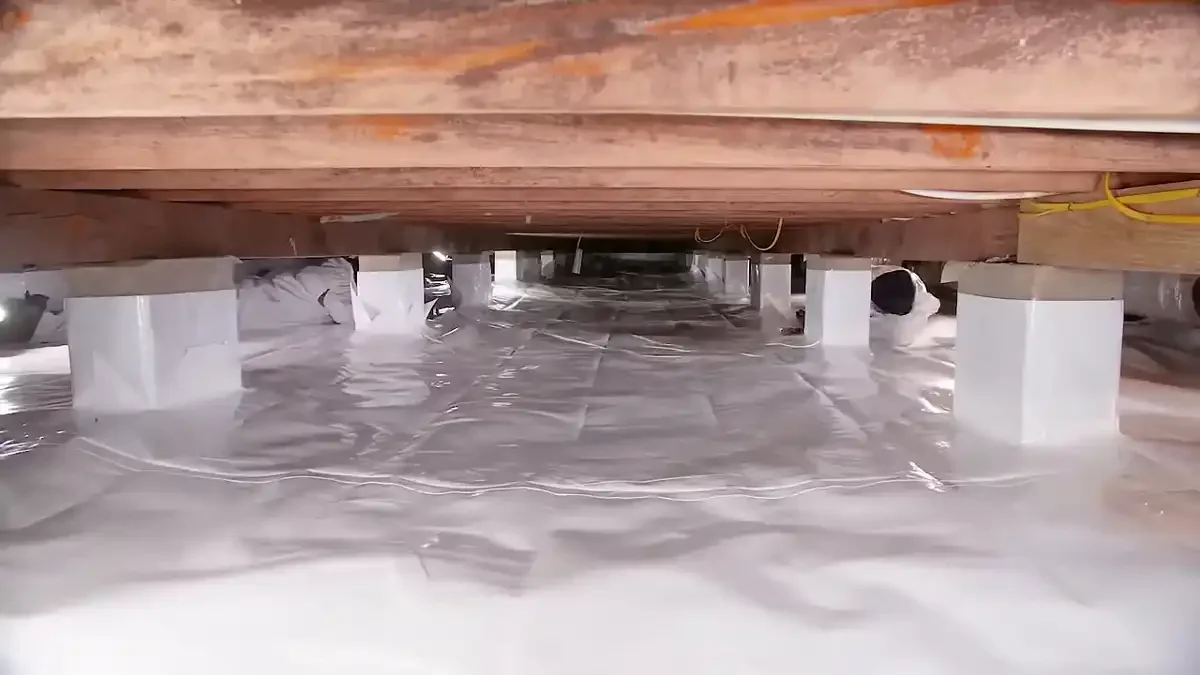 White crawl space vapor barrier laid across the floor with overlapping seams and sealed piers
