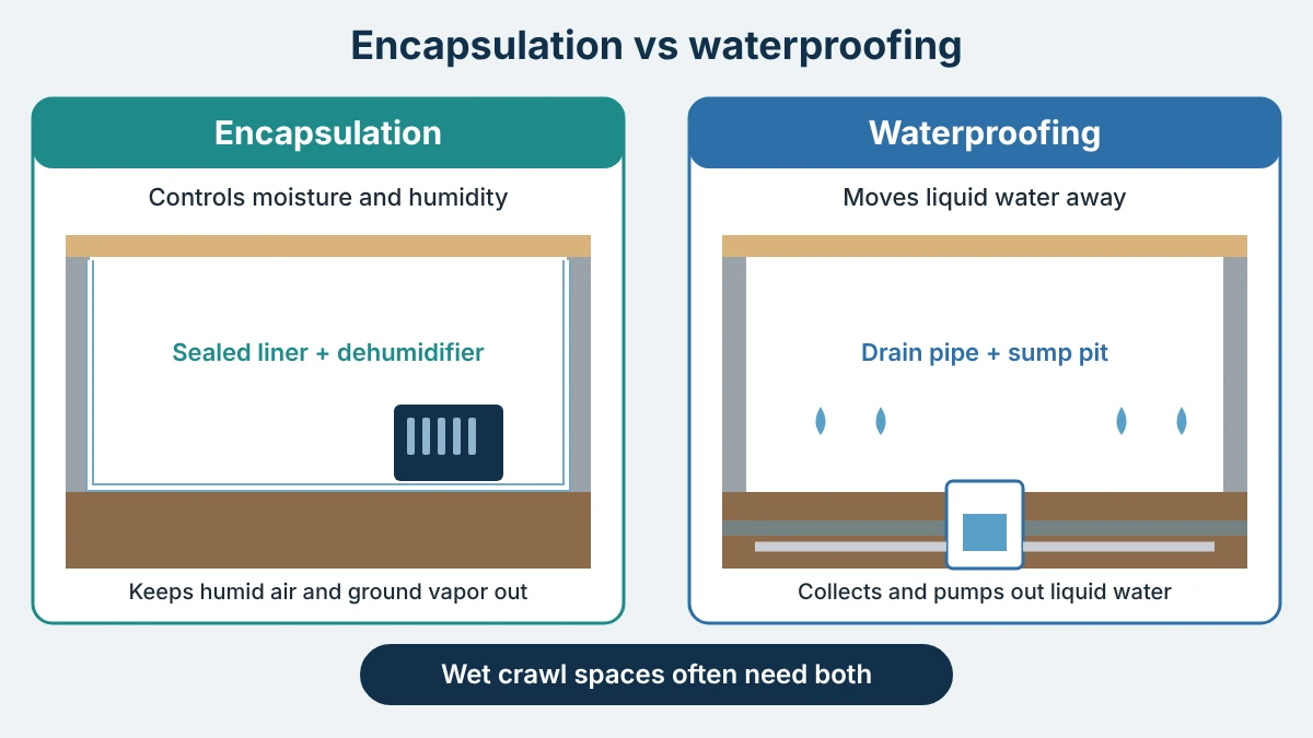 Diagram comparing crawl space encapsulation with a sealed liner and dehumidifier against waterproofing with a drain pipe and sump pit
