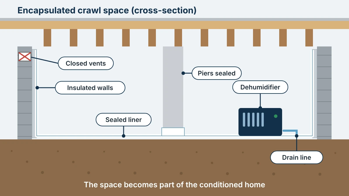 Diagram of an encapsulated crawl space showing sealed liner, closed vents, insulated walls, sealed piers, dehumidifier and drain line