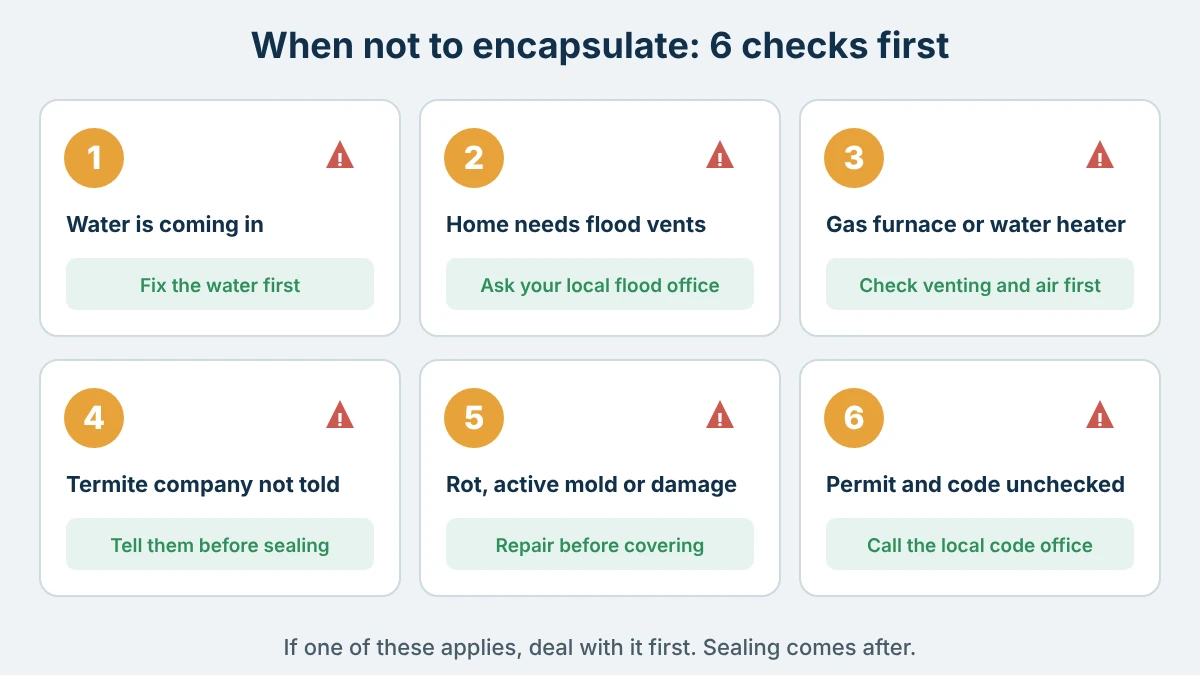 Checklist of six checks before encapsulating a crawl space: water, flood vents, gas appliances, termite company, rot or mold, and permits