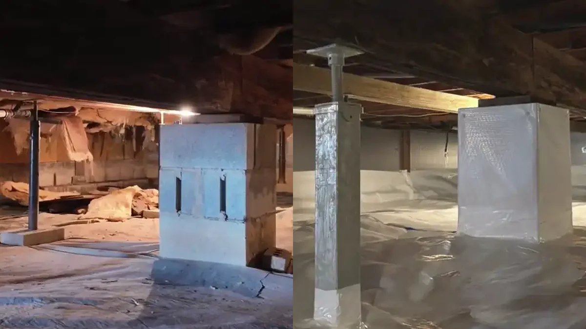 Before and after crawl space: unsealed floor with hanging insulation on the left, sealed white liner on the right